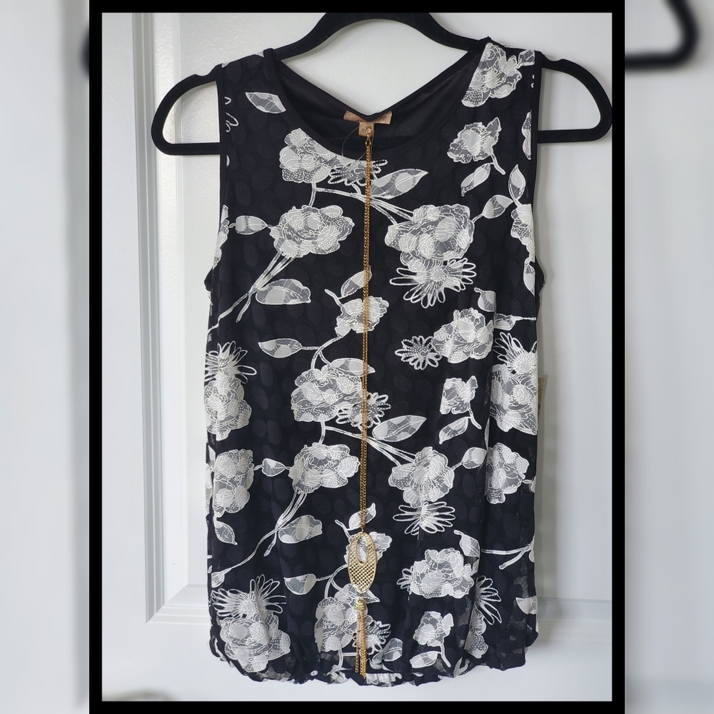 Brand New B/W Floral Tank w/ Necklace
